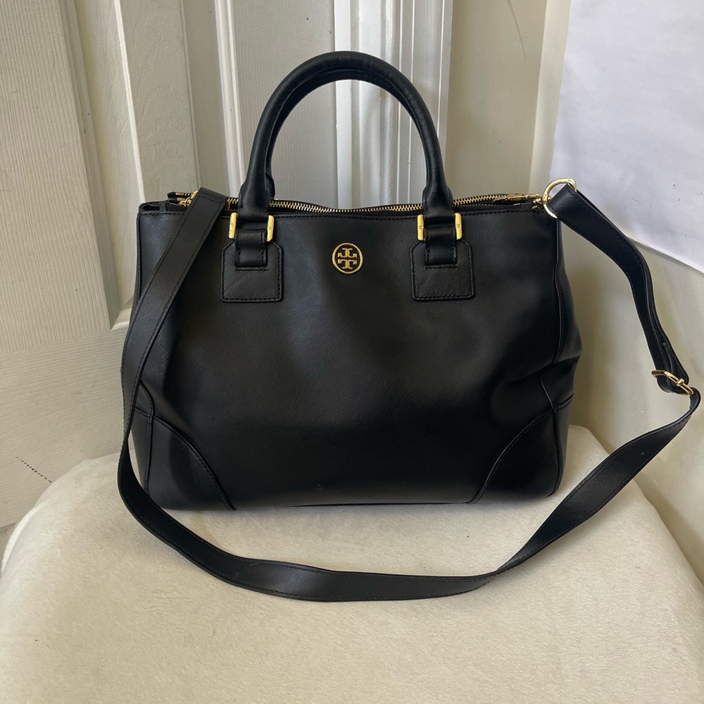 Tory Burch Black Leather Satchel with Gold Hardware